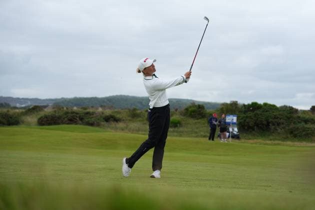 27th July 2025; Dundonald Links, Irvine, Scotland ISPS HANDA Womens Scottish Open Golf Final Round; Nanna Koerstz Madsen hits her approach shot into the green at the 12th hole  AlecxBrown