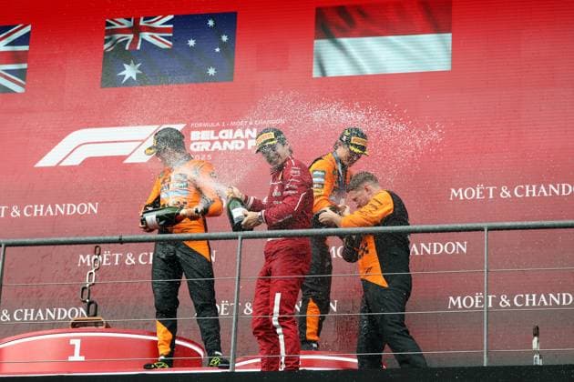 Stavelot, Belgium July 24 27, 2025 FIA Formula 1 World Championship Grand Prix Belgium Circuit de Spa Francorchamps 2025 Race Sunday In the picture champagne shower on the podium, Oscar Piastri AUS , Lando Norris GBR , Charles Leclerc MCO Circuit de Spa Francorchamps Copyright: xFotostandx xHorstxBernhardtx