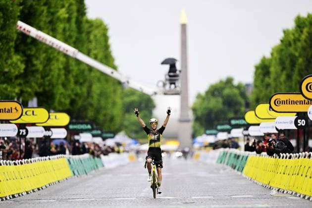 Belgian Wout van Aert of Team Visma-Lease a Bike wins stage 21 of the 2025 Tour de France cycling race, from Mantes-la-Ville to Paris (120km), on Sunday 27 July 2025 in France. The 112th edition of the Tour de France starts on Saturday 5 July in Lille, France, and will finish in Paris, France on the 27th of July. DIRKxWAEM  x130129950x