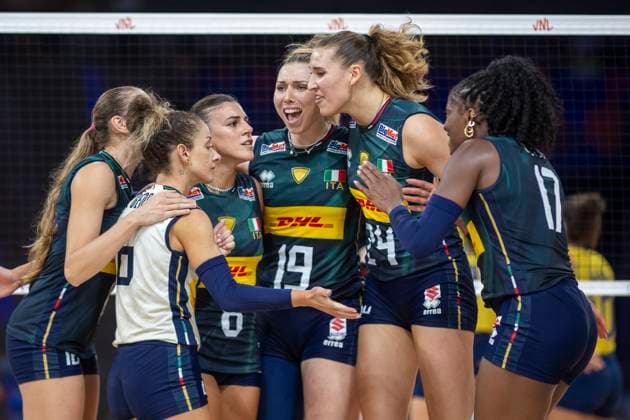 Women s Volleyball Nations League Finals 2025 Monica De Gennaro, Alessia Orro, Sarah Luisa Fahr, Ekaterina Antropova, Myriam Fatime Sylla during the Woman™s Volleyball Nations League 2025 gold medal match between Italy and Brazil , at Atlas Arena in Lodz, Poland, on July 27, 2025. Lodz Poland  Copyright: xAndrzejxIwanczukx originalFilename:iwanczuk-womensvo250727_np3Qs.jpg