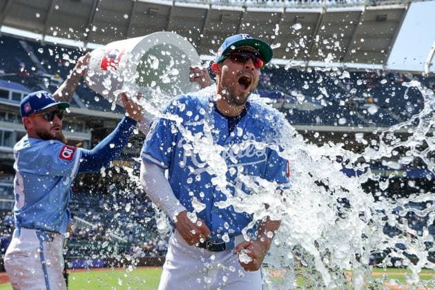 July 27, 2025: Kansas City Royals right fielder Randal Grichuk (15) is doused by outfielder Kyle Isbel (28) and shortstop Bobby Witt Jr. (7) after their win over the Cleveland Guardians at Kauffman Stadium in Kansas City, MO. CSM Kansas City United States of America - ZUMAc04_ 20250727_zma_c04_175 Copyright: xDavidxSmithx