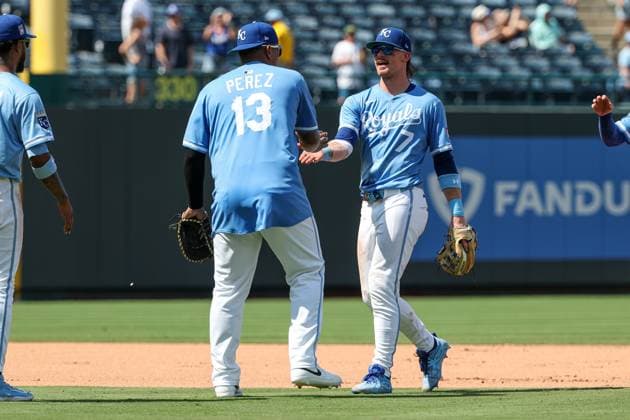 July 27, 2025: Kansas City Royals shortstop Bobby Witt Jr. (7) and first baseman Salvador Perez (13) celebrate their win over the Cleveland Guardians at Kauffman Stadium in Kansas City, MO. CSM Kansas City United States of America - ZUMAc04_ 20250727_zma_c04_171 Copyright: xDavidxSmithx