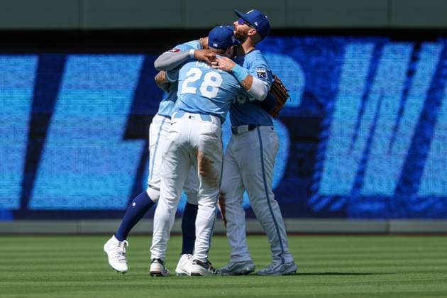 July 27, 2025: Kansas City Royals outfielder MJ Melendez (1), left, outfielder Kyle Isbel (28), and outfielder John Rave (16), right, celebrate their win over the Cleveland Guardians at Kauffman Stadium in Kansas City, MO. CSM Kansas City United States of America - ZUMAc04_ 20250727_zma_c04_173 Copyright: xDavidxSmithx