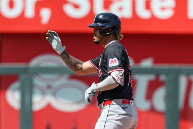July 27, 2025: Cleveland Guardians shortstop Gabriel Arias (13) reacts to his double during the ninth inning against the Kansas City Royals at Kauffman Stadium in Kansas City, MO. CSM Kansas City United States of America - ZUMAc04_ 20250727_zma_c04_178 Copyright: xDavidxSmithx