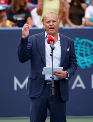 July 27, 2025: Mark Ein addresses the crowd of fans after the final match during the 2025 Mubadala Citi DC Open tennis tournament being played at Rock Creek Park Tennis Center in Washington, D.C. CSM District Of Columbia United States of America - ZUMAc04_ 20250727_zma_c04_195 Copyright: xJustinxCooperx