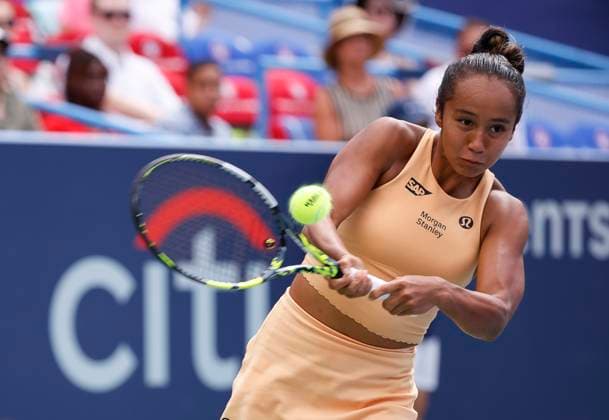 July 27, 2025: Leylah Fernandez hits a shot in the final match during the 2025 Mubadala Citi DC Open tennis tournament being played at Rock Creek Park Tennis Center in Washington, D.C. CSM District Of Columbia United States of America - ZUMAc04_ 20250727_zma_c04_205 Copyright: xJustinxCooperx