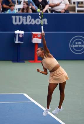 July 27, 2025: Leylah Fernandez serves in the final match during the 2025 Mubadala Citi DC Open tennis tournament being played at Rock Creek Park Tennis Center in Washington, D.C. CSM District Of Columbia United States of America - ZUMAc04_ 20250727_zma_c04_206 Copyright: xJustinxCooperx