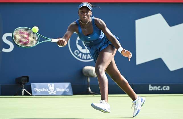 July 27, 2025, Montreal, Pq, Canada: p>Victoria Mboko, of Canada, plays a shot to Kimberly Birrell, of Australia, during their first round match at the National Bank Open tennis tournament in Montreal, Sunday, July 27, 2025. Victoria Mboko, Kimberly Birrell,  - ZUMAc35_ 20250727_zaf_c35_029 Copyright: xGrahamxHughesx