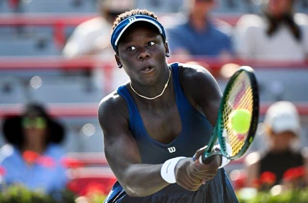 July 27, 2025, Montreal, Pq, Canada: Victoria Mboko, of Canada, plays a shot to Kimberly Birrell, of Australia, during their first round match at the National Bank Open tennis tournament in Montreal, Sunday, July 27, 2025. Victoria Mboko, Kimberly Birrell,  - ZUMAc35_ 20250727_zaf_c35_031 Copyright: xGrahamxHughesx