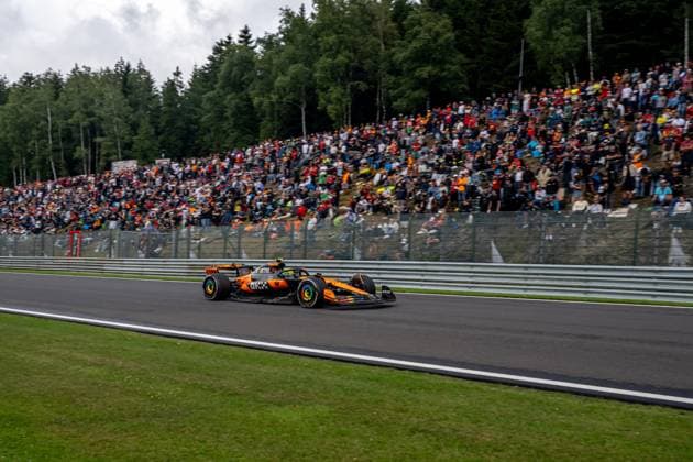 STAVELOT, BELGIUM: Lando Norris, racing for the McLaren F1 team during the 2025 Formula 1 Belgian Grand Prix at the Circuit de Spa-Francorchamps in Stavelot, Belgium