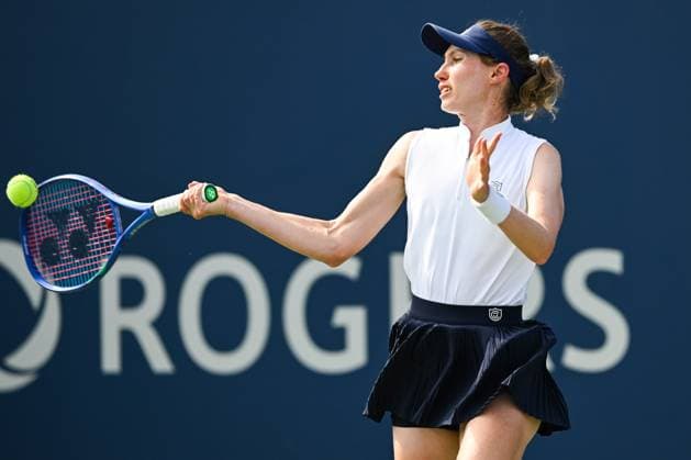 MONTREAL, QC - JULY 27: Cristina Bucsa (ESP) returns the ball during a first round match at WTA, Tennis Damen National Bank Open on July 27, 2025 at IGA Stadium in Montreal, QC (Photo by David Kirouac Icon Sportswire) TENNIS: JUL 27 National Bank Open EDITORIAL USE ONLY Icon250727069
