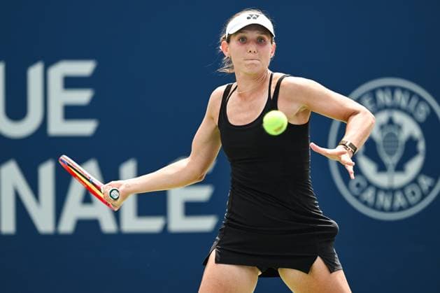MONTREAL, QC - JULY 27: Varvara Gracheva (FRA) returns the ball during a first round match at WTA, Tennis Damen National Bank Open on July 27, 2025 at IGA Stadium in Montreal, QC (Photo by David Kirouac Icon Sportswire) TENNIS: JUL 27 National Bank Open EDITORIAL USE ONLY Icon250727052