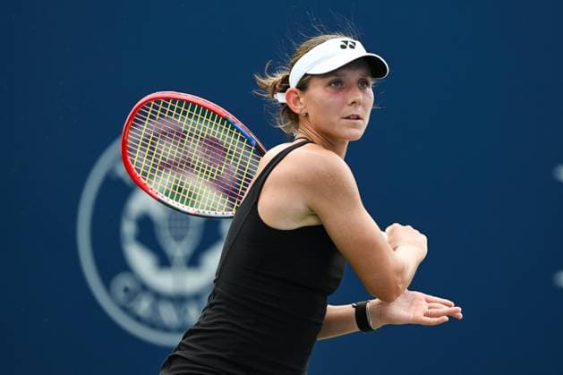 MONTREAL, QC - JULY 27: Varvara Gracheva (FRA) tracks her return during a first round match at WTA, Tennis Damen National Bank Open on July 27, 2025 at IGA Stadium in Montreal, QC (Photo by David Kirouac Icon Sportswire) TENNIS: JUL 27 National Bank Open EDITORIAL USE ONLY Icon250727053