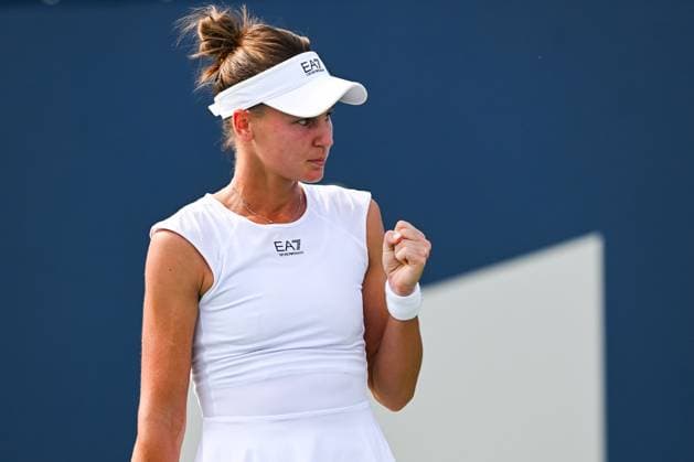 MONTREAL, QC - JULY 27: Veronika Kudermetova reacts after scoring a point during a first round match at WTA, Tennis Damen National Bank Open on July 27, 2025 at IGA Stadium in Montreal, QC (Photo by David Kirouac Icon Sportswire) TENNIS: JUL 27 National Bank Open EDITORIAL USE ONLY Icon250727059