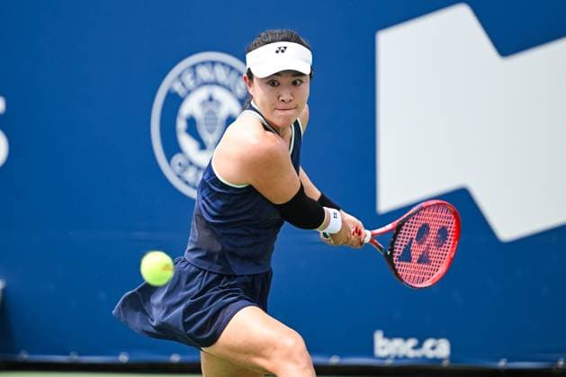MONTREAL, QC - JULY 27: Lin Zhu (CHN) returns the ball during a first round match at WTA, Tennis Damen National Bank Open on July 27, 2025 at IGA Stadium in Montreal, QC (Photo by David Kirouac Icon Sportswire) TENNIS: JUL 27 National Bank Open EDITORIAL USE ONLY Icon250727045