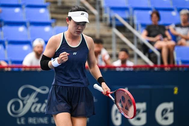MONTREAL, QC - JULY 27: Lin Zhu (CHN) reacts after scoring a point during a first round match at WTA, Tennis Damen National Bank Open on July 27, 2025 at IGA Stadium in Montreal, QC (Photo by David Kirouac Icon Sportswire) TENNIS: JUL 27 National Bank Open EDITORIAL USE ONLY Icon250727047