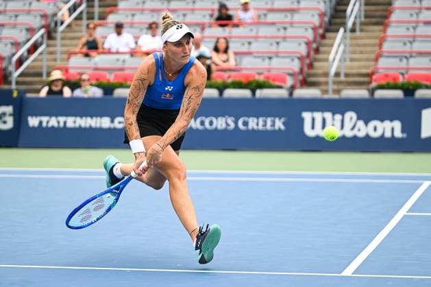 MONTREAL, QC - JULY 27: Marketa Vondrousova (CZE) returns the ball during a first round match at WTA, Tennis Damen National Bank Open on July 27, 2025 at IGA Stadium in Montreal, QC (Photo by David Kirouac Icon Sportswire) TENNIS: JUL 27 National Bank Open EDITORIAL USE ONLY Icon250727034