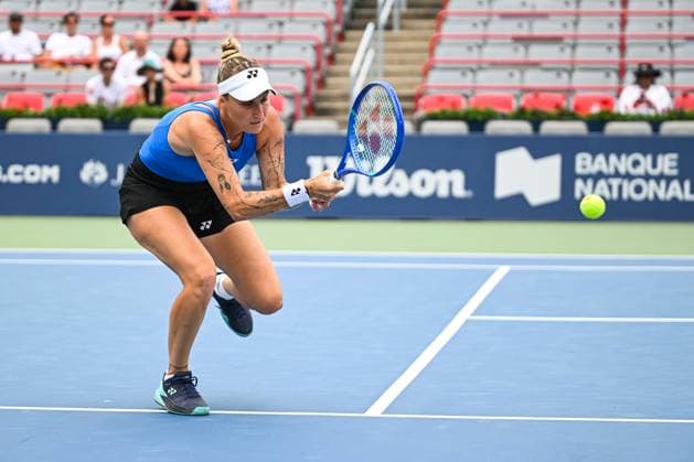 MONTREAL, QC - JULY 27: Marketa Vondrousova (CZE) returns the ball during a first round match at WTA, Tennis Damen National Bank Open on July 27, 2025 at IGA Stadium in Montreal, QC (Photo by David Kirouac Icon Sportswire) TENNIS: JUL 27 National Bank Open EDITORIAL USE ONLY Icon250727035