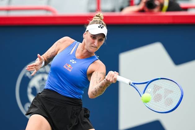 MONTREAL, QC - JULY 27: Marketa Vondrousova (CZE) returns the ball during a first round match at WTA, Tennis Damen National Bank Open on July 27, 2025 at IGA Stadium in Montreal, QC (Photo by David Kirouac Icon Sportswire) TENNIS: JUL 27 National Bank Open EDITORIAL USE ONLY Icon250727037