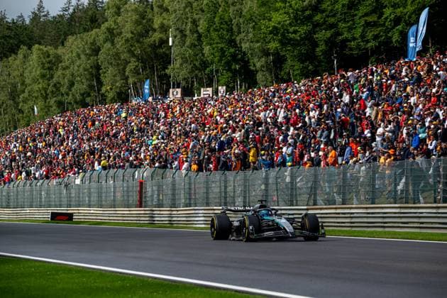 STAVELOT, BELGIUM: George Russell, racing for the Mercedes team during the 2025 Formula 1 Belgian Grand Prix at the Circuit de Spa-Francorchamps in Stavelot, Belgium