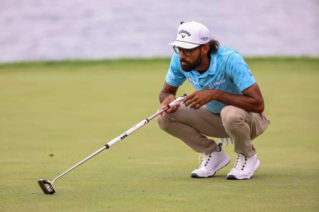 July 27, 2025, Blaine, Minnesota, United States: AKSHAY BHATIA prepares for his putt at hole fourteen on the fourth and final day of competition at the 2025 PGA, Golf Herren 3M Open at TPC Twin Cities. Blaine United States - ZUMAt166 20250727_zsp_t166_082 Copyright: xMichaelxTurnerx