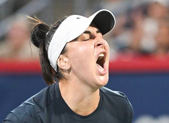 July 27, 2025, Montreal, Pq, Canada: Bianca Andreescu, of Canada, reacts during her first round match against Barbora Krejcikova, of the Czech Republic, at the National Bank Open tennis tournament in Montreal, Sunday, July 27, 2025. Barbora Krejcikova, Bianca Andreescu, - ZUMAc35_ 20250727_zaf_c35_060 Copyright: xGrahamxHughesx