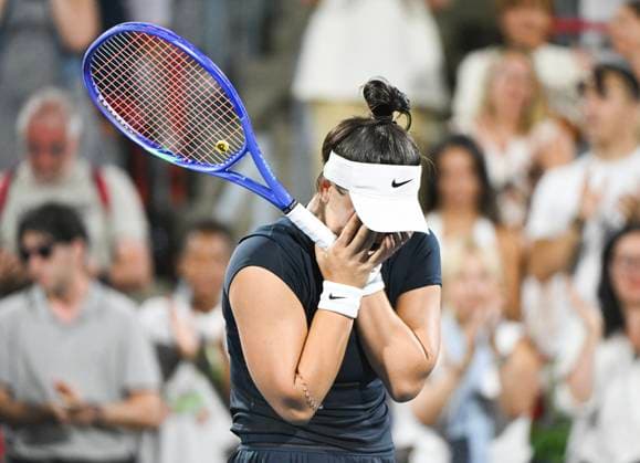 July 27, 2025, Montreal, Pq, Canada: Bianca Andreescu, of Canada, reacts following her first round match win over Barbora Krejcikova, of the Czech Republic, at the National Bank Open tennis tournament in Montreal, Sunday, July 27, 2025. Barbora Krejcikova, Bianca Andreescu, - ZUMAc35_ 20250727_zaf_c35_065 Copyright: xGrahamxHughesx