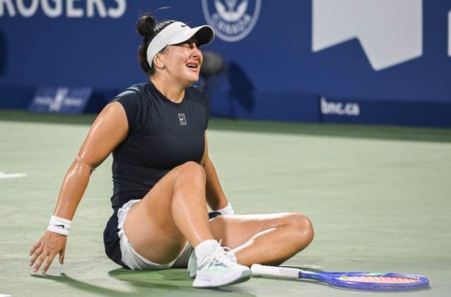 July 27, 2025, Montreal, Pq, Canada: p>Bianca Andreescu, of Canada, reacts after slipping on court during her first round match against Barbora Krejcikova, of the Czech Republic, at the National Bank Open tennis tournament in Montreal, Sunday, July 27, 2025. Barbora Krejcikova, Bianca Andreescu, - ZUMAc35_ 20250727_zaf_c35_066 Copyright: xGrahamxHughesx
