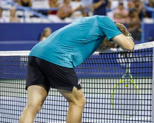 July 27, 2025: Alejandro Davidovich Fokina uses the net to hold himself up in the final match during the 2025 Mubadala Citi DC Open tennis tournament being played at Rock Creek Park Tennis Center in Washington, D.C. CSM District Of Columbia United States of America - ZUMAc04_ 20250727_zma_c04_295 Copyright: xJustinxCooperx