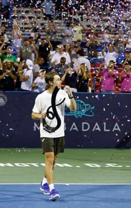 July 27, 2025: Alex De Minaur hoists the championship trophy after the final match during the 2025 Mubadala Citi DC Open tennis tournament being played at Rock Creek Park Tennis Center in Washington, D.C. CSM District Of Columbia United States of America - ZUMAc04_ 20250727_zma_c04_296 Copyright: xJustinxCooperx