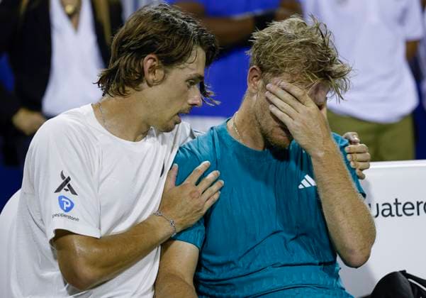 July 27, 2025: Alex De Minaur consoles Alejandro Davidovich Fokina after the final match during the 2025 Mubadala Citi DC Open tennis tournament being played at Rock Creek Park Tennis Center in Washington, D.C. CSM District Of Columbia United States of America - ZUMAc04_ 20250727_zma_c04_306 Copyright: xJustinxCooperx