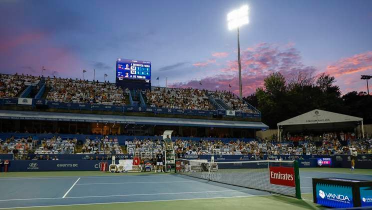 July 27, 2025: Alex De Minaur serves as the sun goes down on the final match during the 2025 Mubadala Citi DC Open tennis tournament being played at Rock Creek Park Tennis Center in Washington, D.C. CSM District Of Columbia United States of America - ZUMAc04_ 20250727_zma_c04_309 Copyright: xJustinxCooperx