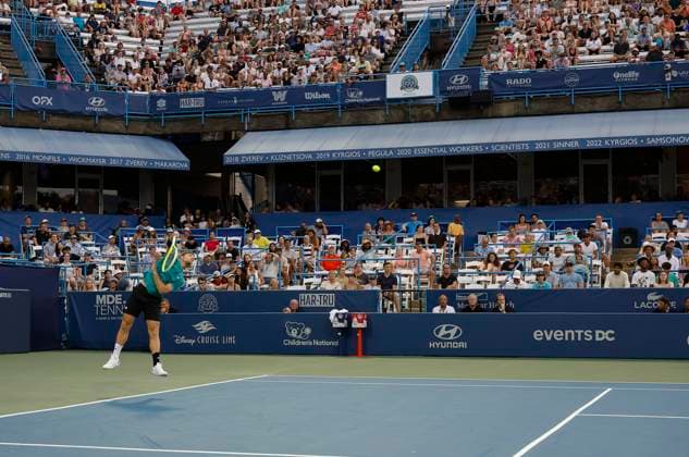 July 27, 2025: Alejandro Davidovich Fokina serves to Alex De Minaur in the final match during the 2025 Mubadala Citi DC Open tennis tournament being played at Rock Creek Park Tennis Center in Washington, D.C. CSM District Of Columbia United States of America - ZUMAc04_ 20250727_zma_c04_311 Copyright: xJustinxCooperx
