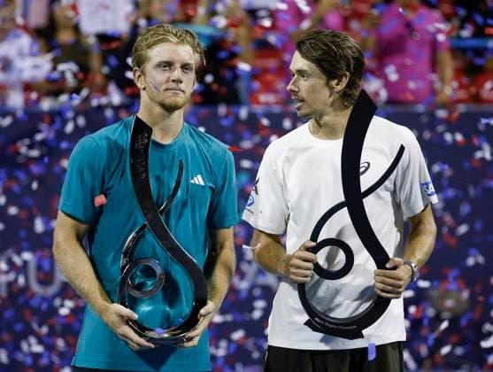 July 27, 2025: Alex De Minaur and Alejandro Davidovich Fokina pose with their respective trophies after the final match during the 2025 Mubadala Citi DC Open tennis tournament being played at Rock Creek Park Tennis Center in Washington, D.C. CSM District Of Columbia United States of America - ZUMAc04_ 20250727_zma_c04_312 Copyright: xJustinxCooperx