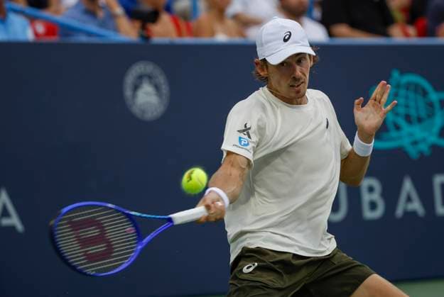 July 27, 2025: Alex De Minaur hits a shot in the final match during the 2025 Mubadala Citi DC Open tennis tournament being played at Rock Creek Park Tennis Center in Washington, D.C. CSM District Of Columbia United States of America - ZUMAc04_ 20250727_zma_c04_315 Copyright: xJustinxCooperx