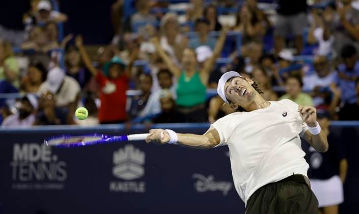 July 27, 2025: Alex De Minaur hits a ball into the stands to celebrate his victory in the final match during the 2025 Mubadala Citi DC Open tennis tournament being played at Rock Creek Park Tennis Center in Washington, D.C. CSM District Of Columbia United States of America - ZUMAc04_ 20250727_zma_c04_317 Copyright: xJustinxCooperx
