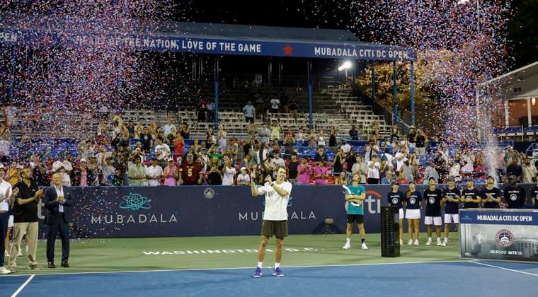 July 27, 2025: Alex De Minaur hoists the championship trophy after the final match during the 2025 Mubadala Citi DC Open tennis tournament being played at Rock Creek Park Tennis Center in Washington, D.C. CSM District Of Columbia United States of America - ZUMAc04_ 20250727_zma_c04_302 Copyright: xJustinxCooperx