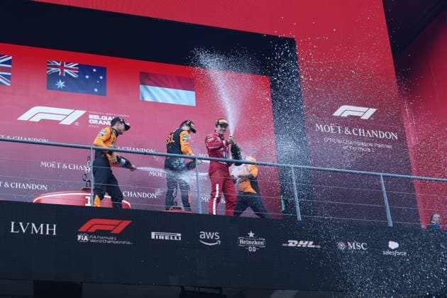 Formula 1 of Belgium Winner Australian driver Oscar Piastri (M) of McLaren F1 Team, second place for British driver Lando Norris (L) of McLaren F1 Team and third place for Monegasque driver Charles Leclerc (R) of Scuderia Ferrari HP on the Podium after the Formula 1 Moet & Chandon Belgian Grand Prix 2025 at the Circuit de Spa-Francorchamps in Spa, Belgium, July 27 2025. Spa-Francorchamps Belgium Copyright: xMatrixxImagesx xHasanxBraticx 