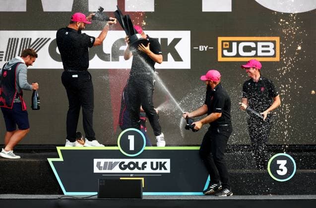 Legion XIII celebrate winning the team event. LIV Golf UK, Day Three, Golf, JCB Golf & Country Club, Uttoxeter, UK - 27 Jul 2025Uttoxeter JCB Golf & Country Club United Kingdom EDITORIAL USE ONLY No use with unauthorised audio, video, data, fixture lists, club league logos or live services. Online in-match use limited to 120 images, no video emulation. No use in betting, games or single club league player publications.  Copyright: xJamesxMarsh Shutterstockx 15410873cp