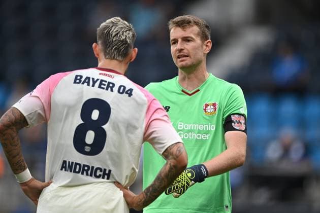 v l Robert ANDRICH LEV and goalkeeper Lukas HRADECKY LEV Football test match, season opener, VfL Bochum BO Bayer Leverkusen LEV 0 2 on 27 07 2025, Vonovia Ruhrstadion Bochum Germany DFL regulations prohibit any use of photographs as image sequences and or quasi video Â