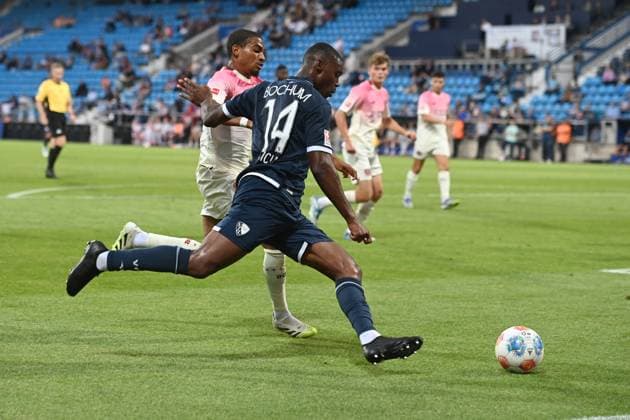 Mathis CLAIRICIA BO vs Amine ADLI LEV action, duel, football test match, season opener, VfL Bochum BO Bayer Leverkusen LEV 0 2 on 27 07 2025, Vonovia Ruhrstadion Bochum Germany DFL regulations prohibit any use of photographs as image sequences and or quasi video Â