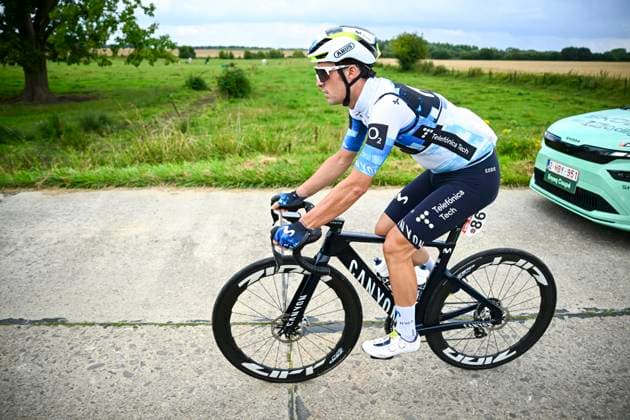 Tour de Wallonie 2025 Stage 3 ANTOING, BELGIUM - JULY 28 : Serrano Gonzalo of Movistar Team in action during stage 3 of the 30th edition of Tour de Wallonie an UCI ProSeries 2.Pro cycling road race stage for Men Elite of 165.3 km with start in Estinnes and finish in Antoing on July 28, 2025 in Antoing, Belgium, 28 07 2025 ( Motordriver Pieter Van Herzele - Antoing Belgium  Copyright: xTomasxSiskx