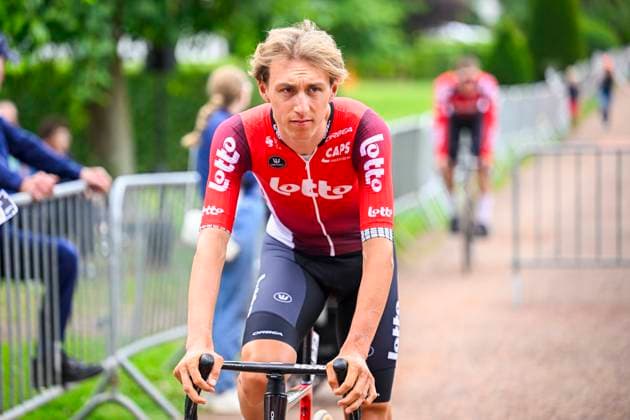 Tour de Wallonie 2025 Stage 3 ANTOING, BELGIUM - JULY 28 : Craps Lars of Lotto before the start of the race during stage 3 of the 30th edition of Tour de Wallonie an UCI ProSeries 2.Pro cycling road race stage for Men Elite of 165.3 km with start in Estinnes and finish in Antoing on July 28, 2025 in Antoing, Belgium, 28 07 2025 ( Motordriver Pieter Van Herzele - Antoing Belgium  Copyright: xTomasxSiskx