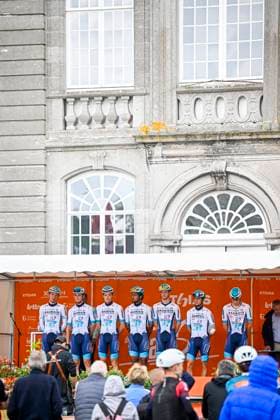 Tour de Wallonie 2025 Stage 3 ANTOING, BELGIUM - JULY 28 : Team Bahrain - Victorious on stage before the start of the race during stage 3 of the 30th edition of Tour de Wallonie an UCI ProSeries 2.Pro cycling road race stage for Men Elite of 165.3 km with start in Estinnes and finish in Antoing on July 28, 2025 in Antoing, Belgium, 28 07 2025 ( Motordriver Pieter Van Herzele - Antoing Belgium  Copyright: xTomasxSiskx