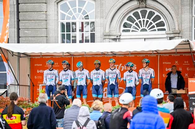 Tour de Wallonie 2025 Stage 3 ANTOING, BELGIUM - JULY 28 : Team Bahrain - Victorious on stage before the start of the race during stage 3 of the 30th edition of Tour de Wallonie an UCI ProSeries 2.Pro cycling road race stage for Men Elite of 165.3 km with start in Estinnes and finish in Antoing on July 28, 2025 in Antoing, Belgium, 28 07 2025 ( Motordriver Pieter Van Herzele - Antoing Belgium  Copyright: xTomasxSiskx