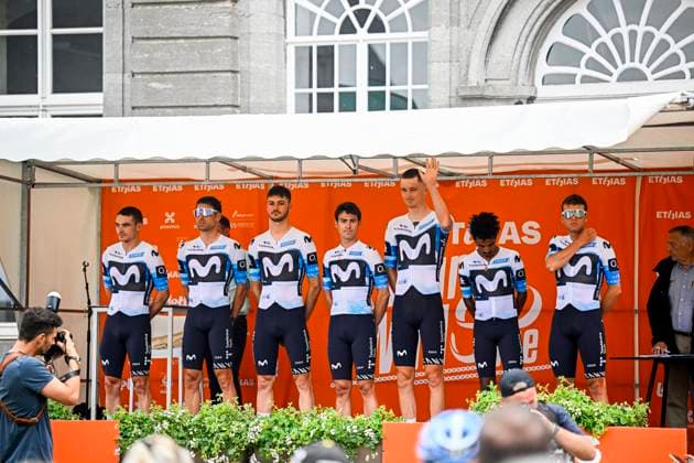 Tour de Wallonie 2025 Stage 3 ANTOING, BELGIUM - JULY 28 : Team Movistar on stage before the start of the race during stage 3 of the 30th edition of Tour de Wallonie an UCI ProSeries 2.Pro cycling road race stage for Men Elite of 165.3 km with start in Estinnes and finish in Antoing on July 28, 2025 in Antoing, Belgium, 28 07 2025 ( Motordriver Pieter Van Herzele - Antoing Belgium  Copyright: xTomasxSiskx