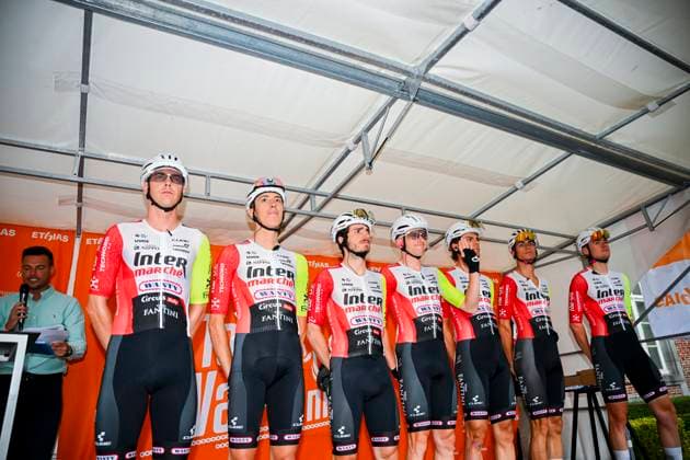 Tour de Wallonie 2025 Stage 3 ANTOING, BELGIUM - JULY 28 : Team Alpecin - Deceuninck on stage before the start of the race during stage 3 of the 30th edition of Tour de Wallonie an UCI ProSeries 2.Pro cycling road race stage for Men Elite of 165.3 km with start in Estinnes and finish in Antoing on July 28, 2025 in Antoing, Belgium, 28 07 2025 ( Motordriver Pieter Van Herzele - Antoing Belgium  Copyright: xTomasxSiskx