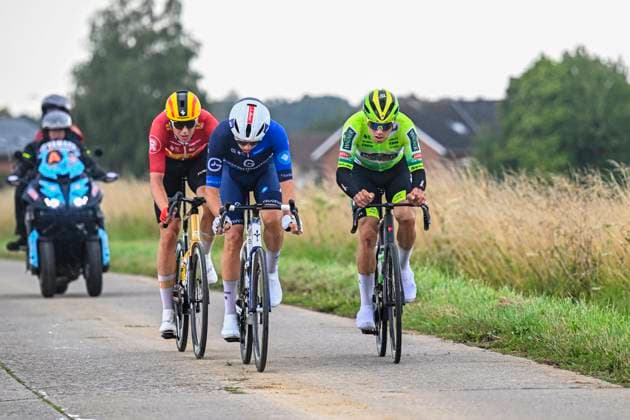 Tour de Wallonie 2025 Stage 3 ANTOING, BELGIUM - JULY 28 : Le Huitouze Eddy of Groupama FDJ, Wallin Rasmus Bogh of Uno-X Mobility and Renard-Haquin Henri-Francois of Wagner Bazin WB in the escape pack during stage 3 of the 30th edition of Tour de Wallonie an UCI ProSeries 2.Pro cycling road race stage for Men Elite of 165.3 km with start in Estinnes and finish in Antoing on July 28, 2025 in Antoing, Belgium, 28 07 2025 ( Motordriver Pieter Van Herzele - Antoing Belgium  Copyright: xTomasxSiskx