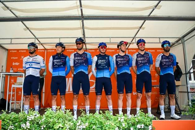 Tour de Wallonie 2025 Stage 3 ANTOING, BELGIUM - JULY 28 : Team Israel - Premier Tech on stage before the start of the race during stage 3 of the 30th edition of Tour de Wallonie an UCI ProSeries 2.Pro cycling road race stage for Men Elite of 165.3 km with start in Estinnes and finish in Antoing on July 28, 2025 in Antoing, Belgium, 28 07 2025 ( Motordriver Pieter Van Herzele - Antoing Belgium  Copyright: xTomasxSiskx