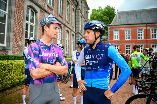 Tour de Wallonie 2025 Stage 3 ANTOING, BELGIUM - JULY 28 : Stewart Campbell of Team Jayco AlUla and Strong Corbin (USA) of Israel - Premier Tech before the start of the race during stage 3 of the 30th edition of Tour de Wallonie an UCI ProSeries 2.Pro cycling road race stage for Men Elite of 165.3 km with start in Estinnes and finish in Antoing on July 28, 2025 in Antoing, Belgium, 28 07 2025 ( Motordriver Pieter Van Herzele - Antoing Belgium  Copyright: xTomasxSiskx